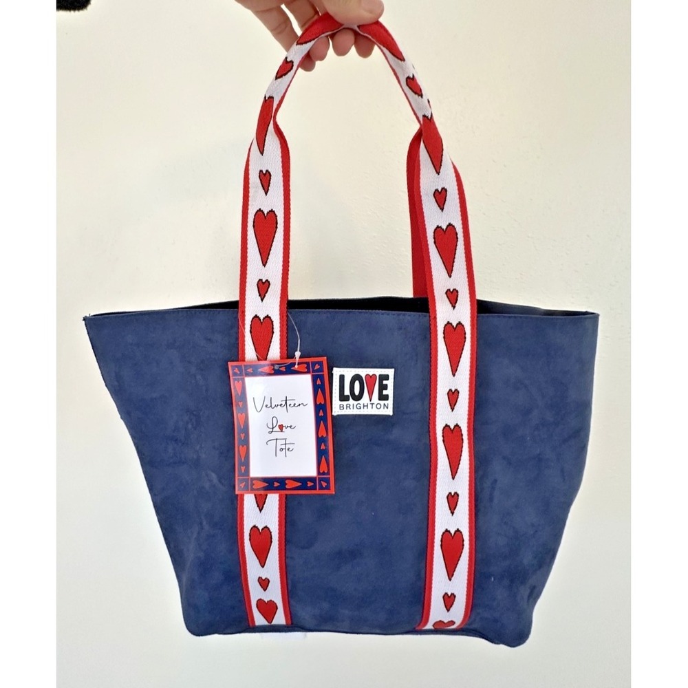 Brighton Velveteen Love Tote Bag Blue with Red Heart Strap D30306 Tags